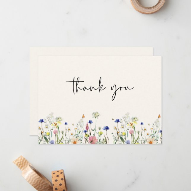 Wild Meadow Floral Wedding Thank You Note Card (Front/Back In Situ)