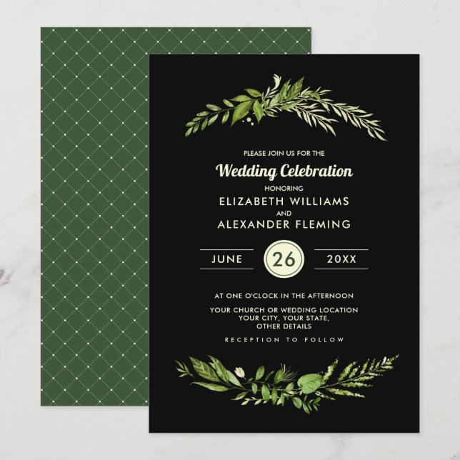 Wild Meadow Green Black Botanical Wedding Invitation (Front/Back)