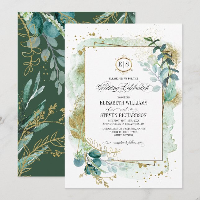 Wild Meadow | Green Botanical Geometric Wedding Invitation (Front/Back)