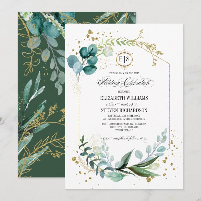 Wild Meadow | Green Botanical Geometric Wedding Invitation (Front/Back)
