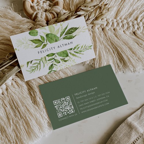 Wild Meadow  Green Watercolor Botanical QR Code Business Card