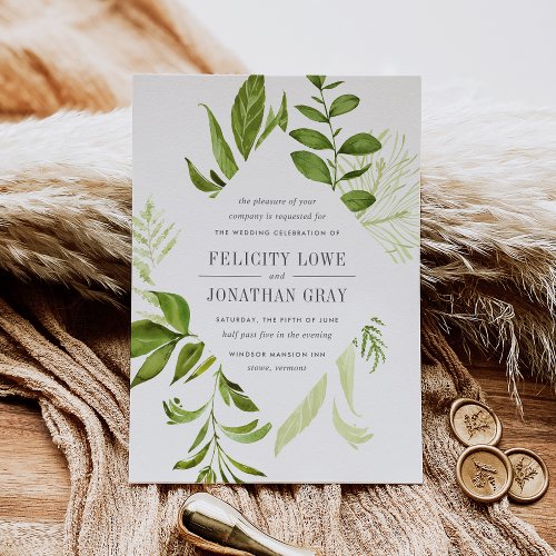 Wild Meadow Green Watercolor Botanical Wedding Invitation