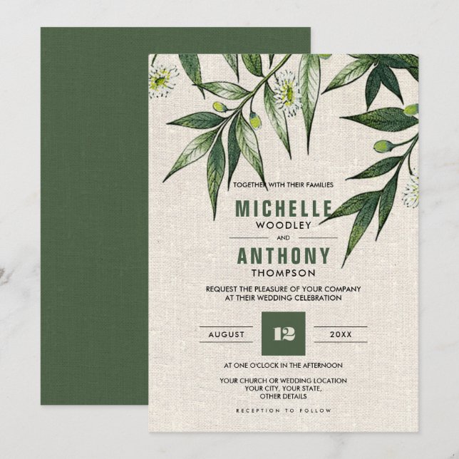 Wild Meadow | Greenery Botanical Burlap Wedding Invitation (Front/Back)
