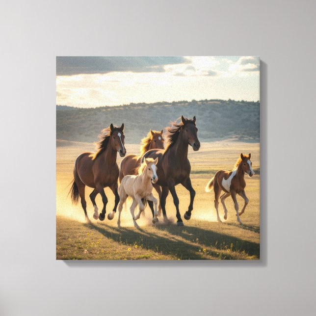 Wild Meadow Run – Majestic Horse Herd with Foals Canvas Print (Front)
