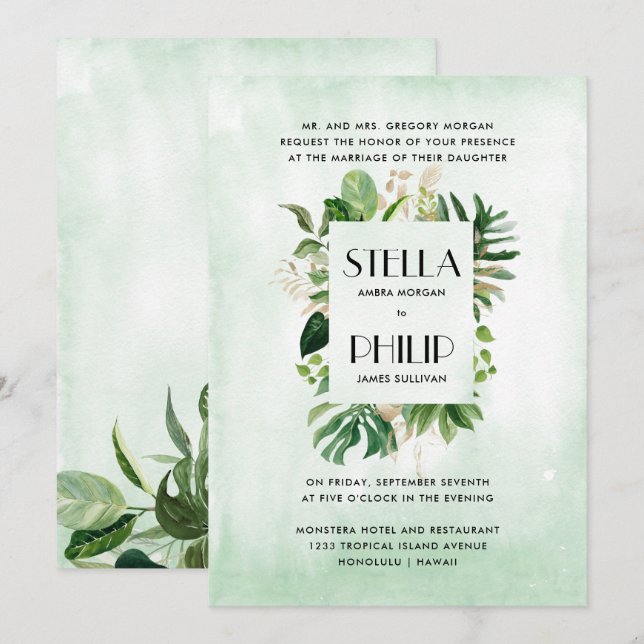 Wild monstera tropical foliage formal wedding invitation (Front/Back)