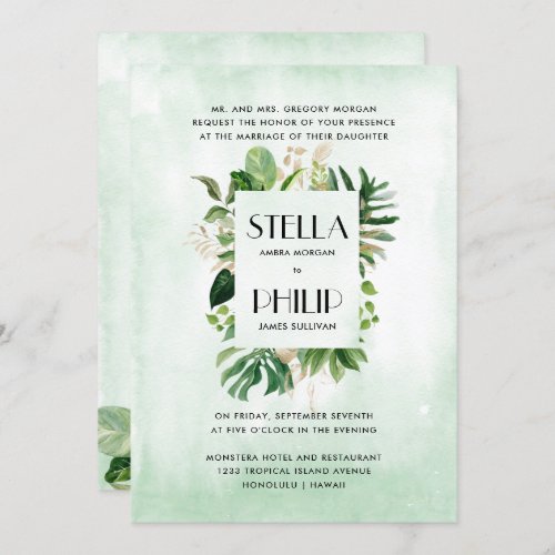 Wild monstera tropical foliage formal wedding invitation