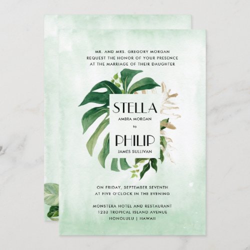 Wild  monstera tropical gold leaves formal wedding invitation