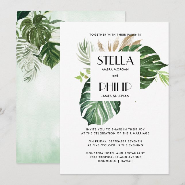 Wild monstera tropical leaves geometric wedding invitation (Front/Back)