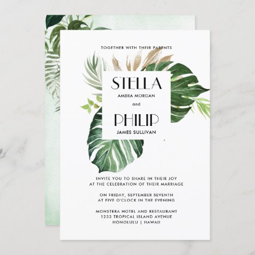 Wild monstera tropical leaves geometric wedding invitation
