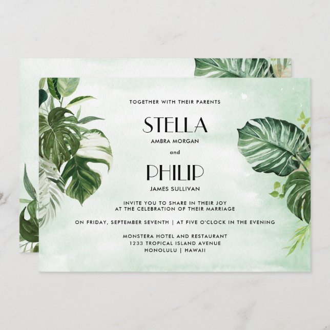 Wild monstera tropical leaves horizontal Twedding Invitation (Front/Back)