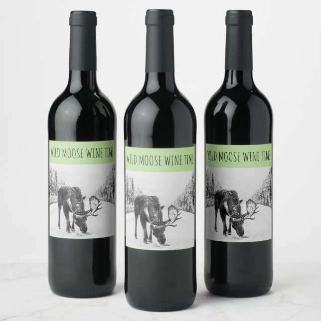 Wild Moose In Snow Wine Time Wine Labels (Bottles)