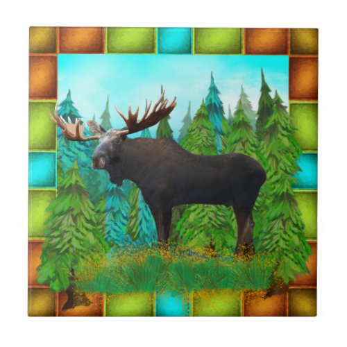 Wild Moose with big Antlers Ceramic Tile