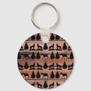 Wild Moose Wolf Wilderness Mountain Cabin Rustic Keychain