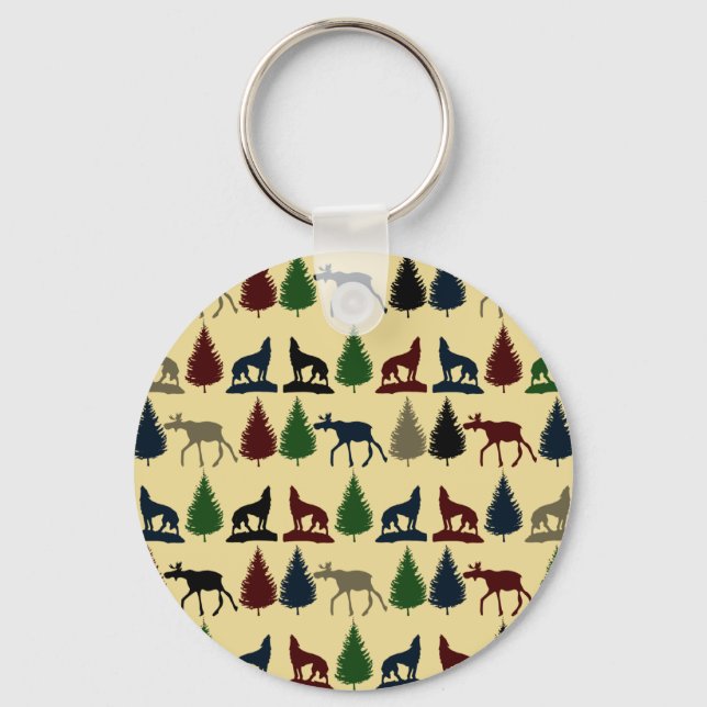 Wild Moose Wolf Wilderness Mountain Cabin Rustic Keychain (Front)