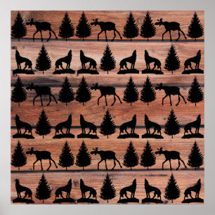 Wild Moose Wolf Wilderness Mountain Cabin Rustic Poster
