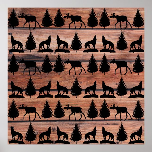 Wild Moose Wolf Wilderness Mountain Cabin Rustic Poster (Front)