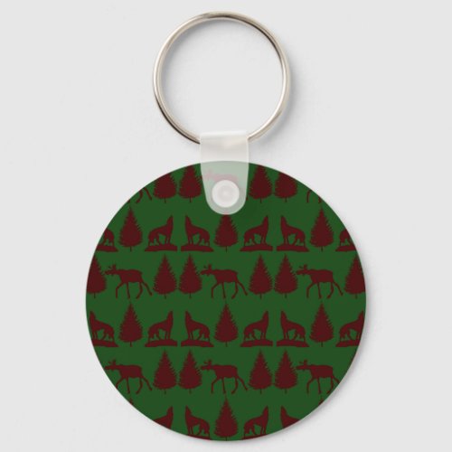 Wild Moose Wolves Pine Trees Rustic Green Maroon Keychain