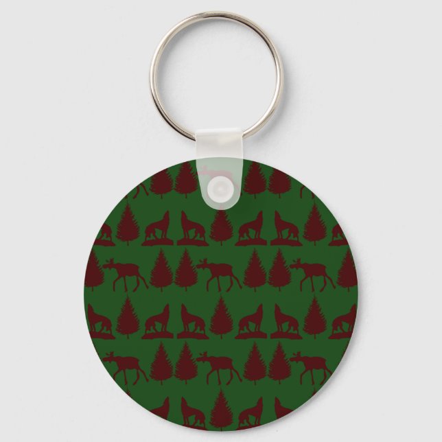 Wild Moose Wolves Pine Trees Rustic Green Maroon Keychain (Front)