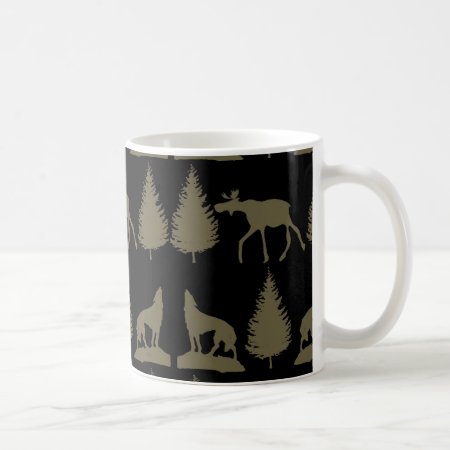 Wild Moose Wolves Pine Trees Rustic Tan Black Coffee Mug