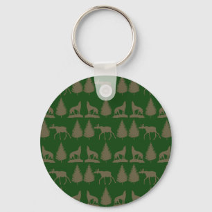 Wild Moose Wolves Pine Trees Rustic Tan Green Keychain