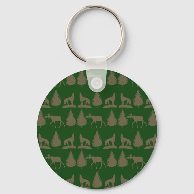 Wild Moose Wolves Pine Trees Rustic Tan Green Keychain (Front)