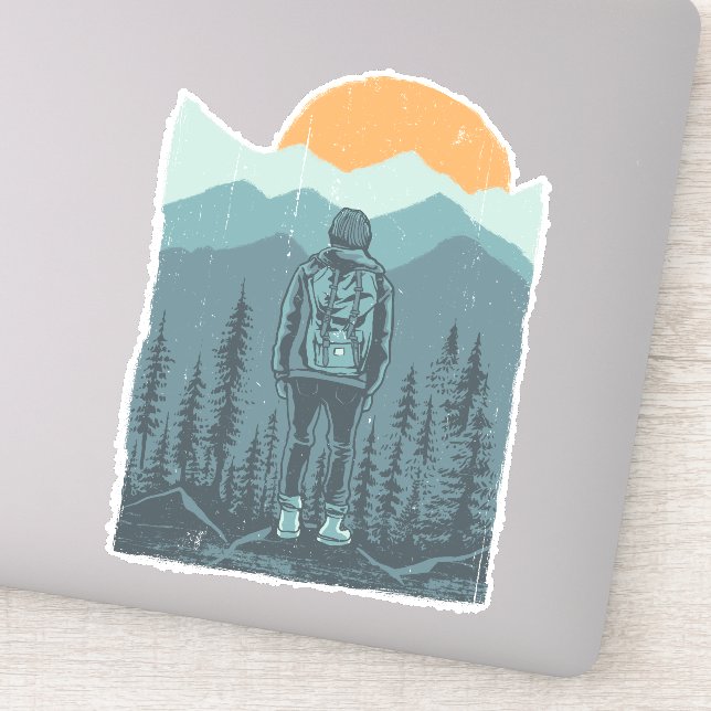 Wild Mountain Sunset Backpack Hiker Woman Sticker (Detail)