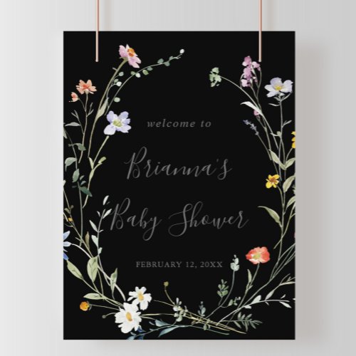 Wild Multicolor Floral Black Baby Shower Welcome Poster