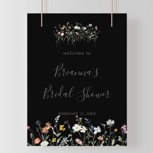 Wild Multicolor Floral Black Bridal Shower Welcome Poster