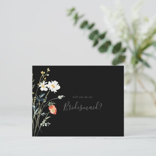 Wild Multicolor Floral Black Bridesmaid Proposal Note Card