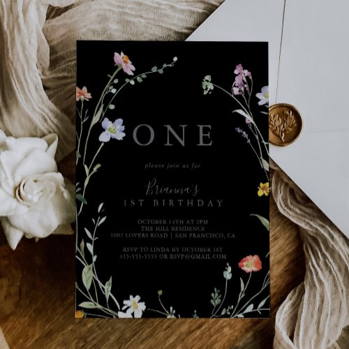 Wild Multicolor Floral Black First Birthday Party Invitation
