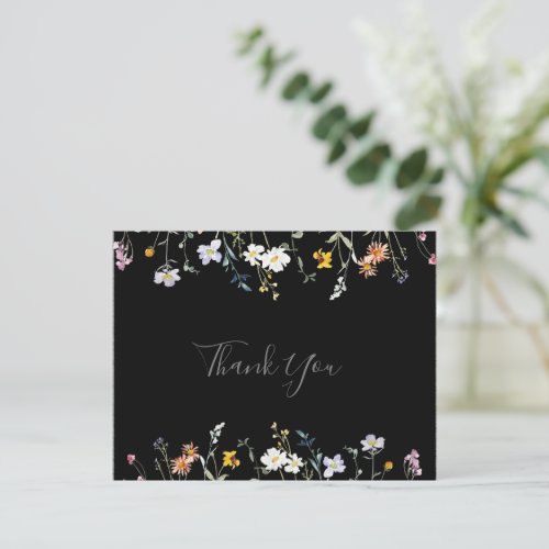 Wild Multicolor Floral Black Flat Wedding Thank You Card