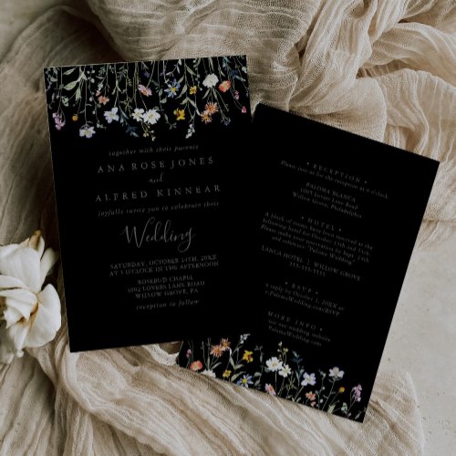 Wild Multicolor Floral Black Front  Back Wedding Invitation
