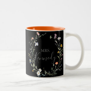 Wild Multicolor Floral Black Mrs Newlywed Bride Two-Tone Coffee Mug