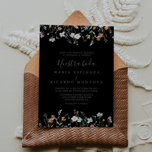 Wild Multicolor Floral Black Nuestra Boda Wedding  Invitation