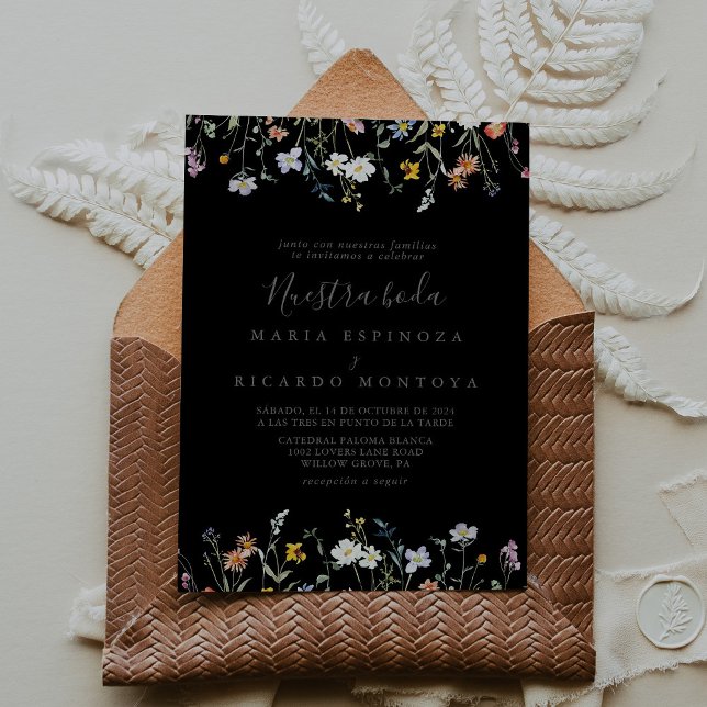 Wild Multicolor Floral Black Nuestra Boda Wedding  Invitation (Creator Uploaded)