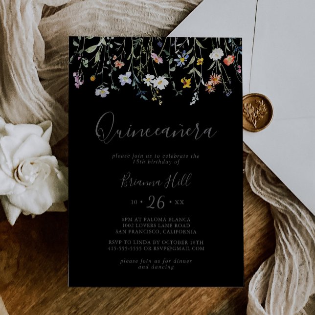 Wild Multicolor Floral Black Quinceañera Invitation (Creator Uploaded)
