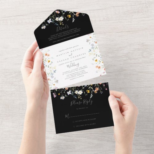 Wild Multicolor Floral Black Wedding     All In One Invitation