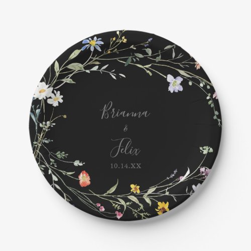 Wild Multicolor Floral Black Wedding Cake Paper Plates