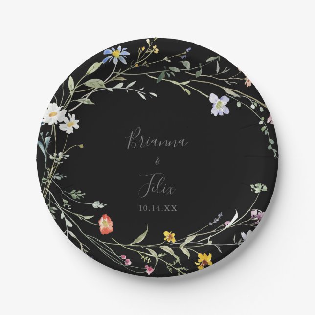 Wild Multicolor Floral Black Wedding Cake Paper Plates (Front)