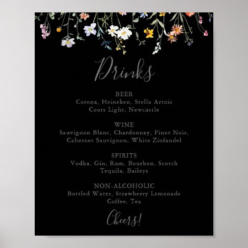 Wild Multicolor Floral Black Wedding Drinks Menu  Poster