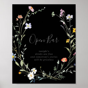 Wild Multicolor Floral Black Wedding Open Bar Sign