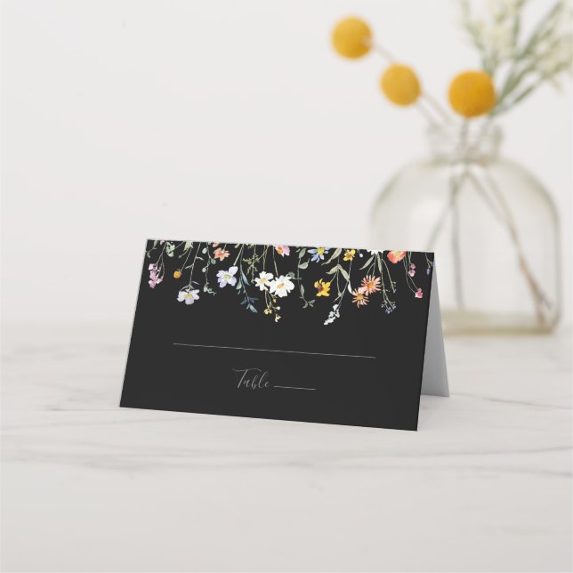 Wild Multicolor Floral Black Wedding Place Card (Front)