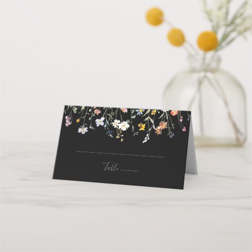 Wild Multicolor Floral Black Wedding Place Card