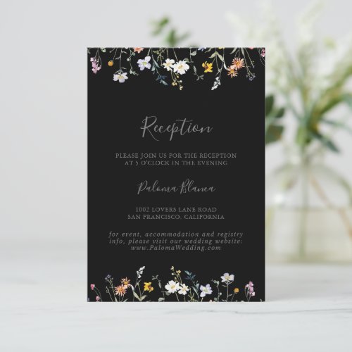Wild Multicolor Floral Black Wedding Reception Enclosure Card