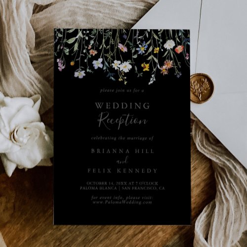 Wild Multicolor Floral Black Wedding Reception Invitation