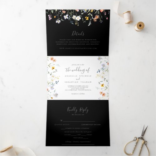 Wild Multicolor Floral Black Wedding  Tri_Fold Invitation