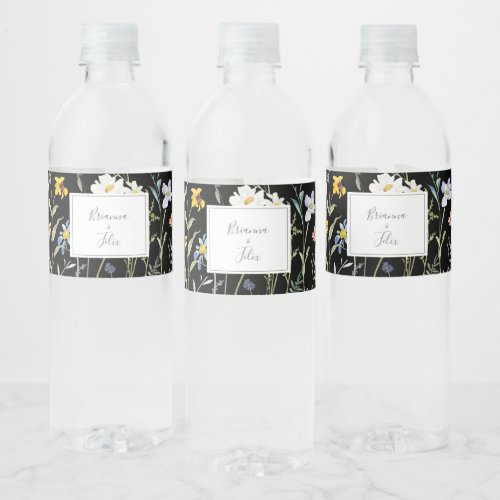 Wild Multicolor Floral Black Wedding  Water Bottle Label