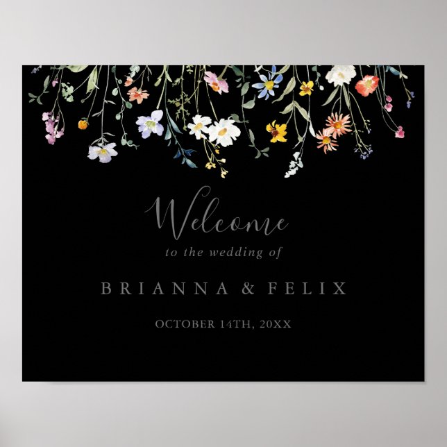 Wild Multicolor Floral Black Wedding Welcome Sign (Front)
