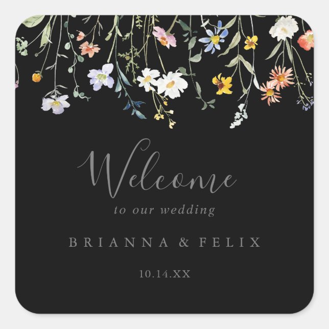 Wild Multicolor Floral Black Wedding Welcome Square Sticker (Front)