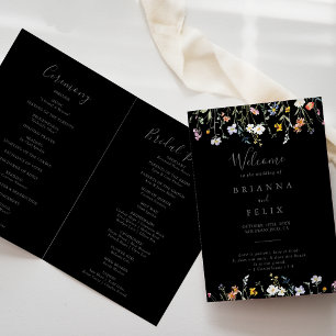 Wild Multicolor Floral Folded Black Wedding Program